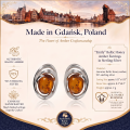 Emily Baltic Honey Amber Earrings in Sterling Silver infographic highlighting authentic honey Baltic amber, 925 sterling silver, handcrafted craftsmanship, earring dimensions, and Made in Gdańsk, Poland heritage.