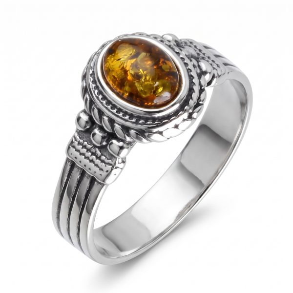 Baltic Honey Amber Ring in Sterling Silver featuring a genuine honey Baltic amber gemstone set in polished 925 sterling silver, isolated on a white background.