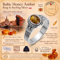 Baltic Honey Amber Ring in Sterling Silver infographic highlighting authentic honey Baltic amber, 925 sterling silver, handcrafted craftsmanship, ring dimensions, and Made in Gdańsk, Poland heritage.