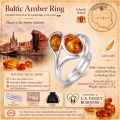 Baltic Honey Amber Adjustable Ring in Sterling Silver infographic with product details.