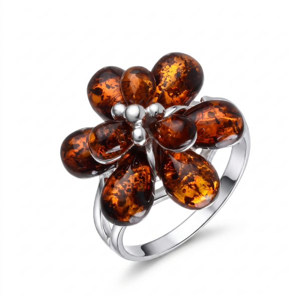 Alexa Baltic Amber Ring in Sterling Silver featuring genuine Baltic amber set in polished 925 sterling silver, isolated on a white background.