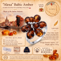 Alexa Baltic Amber Ring in Sterling Silver infographic highlighting authentic Baltic amber, 925 sterling silver, handcrafted craftsmanship, ring dimensions, and Made in Gdańsk, Poland heritage.