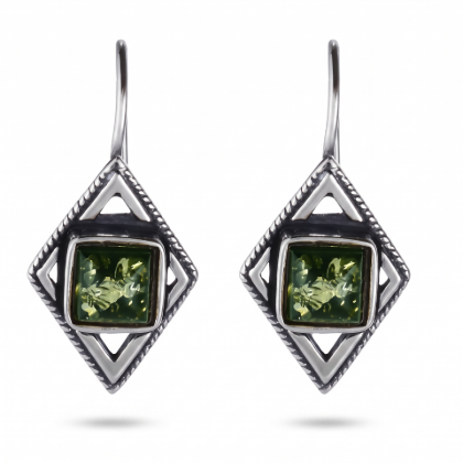 Jane Baltic Green Amber Earrings in Sterling Silver featuring genuine green Baltic amber gemstones set in polished 925 sterling silver, isolated on a white background.