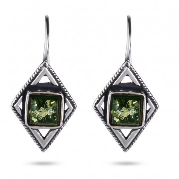 Jane Baltic Green Amber Earrings in Sterling Silver featuring genuine green Baltic amber gemstones set in polished 925 sterling silver, isolated on a white background.