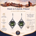 Jane Baltic Green Amber Earrings in Sterling Silver infographic highlighting authentic green Baltic amber, 925 sterling silver, handcrafted craftsmanship, earring dimensions, and Made in Gdańsk, Poland heritage.