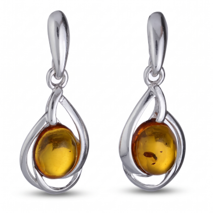 Helmi Baltic Honey Amber Earrings in Sterling Silver featuring genuine honey Baltic amber gemstones set in polished 925 sterling silver, isolated on a white background.