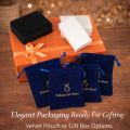 Holiday Gift Shops gift-ready packaging set with blue velvet drawstring pouches, orange ribbon gift box, black jewelry box, and white jewelry boxes