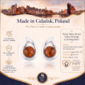 Ilona Baltic Honey Amber Earrings in Sterling Silver infographic highlighting authentic honey Baltic amber, 925 sterling silver, handcrafted craftsmanship, earring dimensions, and Made in Gdańsk, Poland heritage.