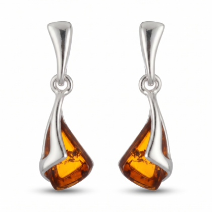 Emilia Baltic Honey Amber Earrings in Sterling Silver featuring genuine honey Baltic amber gemstones set in polished 925 sterling silver, isolated on a white background.