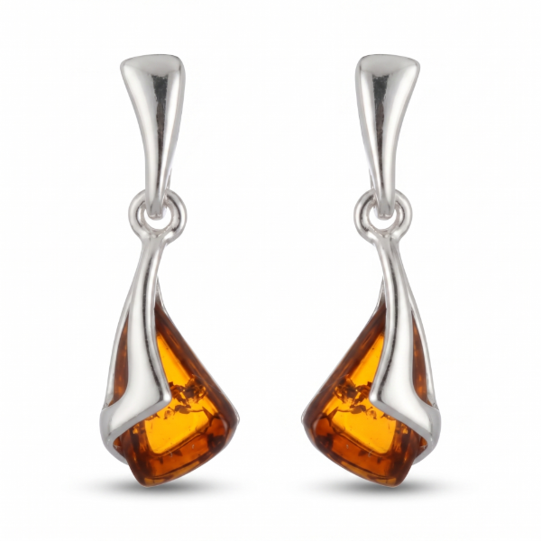 Emilia Baltic Honey Amber Earrings in Sterling Silver featuring genuine honey Baltic amber gemstones set in polished 925 sterling silver, isolated on a white background.