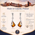 Emilia Baltic Honey Amber Earrings in Sterling Silver infographic highlighting authentic honey Baltic amber, 925 sterling silver, handcrafted craftsmanship, earring dimensions, and Made in Gdańsk, Poland heritage.