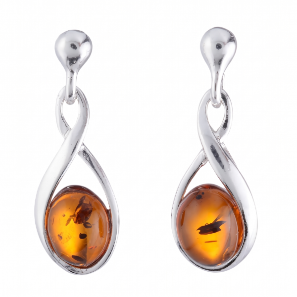 Elegance Baltic Honey Amber Earrings in Sterling Silver featuring genuine honey Baltic amber gemstones set in polished 925 sterling silver, isolated on a white background.
