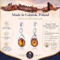 Elegance Baltic Honey Amber Earrings in Sterling Silver infographic highlighting authentic honey Baltic amber, 925 sterling silver, handcrafted craftsmanship, earring dimensions, and Made in Gdańsk, Poland heritage.