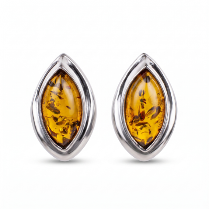 Harper Baltic Honey Amber Earrings in Sterling Silver featuring genuine honey Baltic amber gemstones set in polished 925 sterling silver, isolated on a white background.
