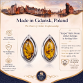 Harper Baltic Honey Amber Earrings in Sterling Silver infographic highlighting authentic honey Baltic amber, 925 sterling silver, handcrafted craftsmanship, earring dimensions, and Made in Gdańsk, Poland heritage.