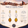 June Baltic Amber Earrings in Sterling Silver infographic highlighting authentic Baltic amber, 925 sterling silver, handcrafted craftsmanship, earring dimensions, and Made in Gdańsk, Poland heritage.