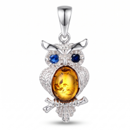 Owl Baltic Amber Pendant in Sterling Silver featuring genuine Baltic amber set in an owl-inspired polished 925 sterling silver design, isolated on a white background.