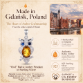 Owl Baltic Amber Pendant in Sterling Silver infographic highlighting authentic Baltic amber, 925 sterling silver, handcrafted craftsmanship, pendant dimensions, and Made in Gdańsk, Poland heritage.