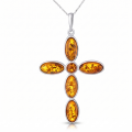 Baltic Amber Cross Pendant Necklace in Sterling Silver featuring genuine Baltic amber set in a cross-shaped polished 925 sterling silver design, isolated on a white background.