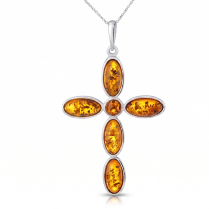 Baltic Amber Cross Pendant Necklace in Sterling Silver featuring genuine Baltic amber set in a cross-shaped polished 925 sterling silver design, isolated on a white background.
