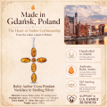 Baltic Amber Cross Pendant Necklace in Sterling Silver infographic highlighting authentic Baltic amber, 925 sterling silver, handcrafted craftsmanship, pendant dimensions, and Made in Gdańsk, Poland heritage.