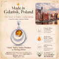 Aleta Baltic Amber Pendant in Sterling Silver infographic highlighting authentic Baltic amber, 925 sterling silver, handcrafted craftsmanship, pendant dimensions, and Made in Gdańsk, Poland heritage.