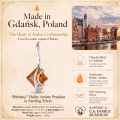 Bethany Baltic Amber Pendant in Sterling Silver infographic highlighting authentic Baltic amber, 925 sterling silver, handcrafted craftsmanship, pendant dimensions, and Made in Gdańsk, Poland heritage.