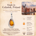 Baltic Honey Amber Teardrop Pendant Necklace in Sterling Silver infographic highlighting authentic honey Baltic amber, 925 sterling silver, handcrafted craftsmanship, pendant dimensions, and Made in Gdańsk, Poland heritage.