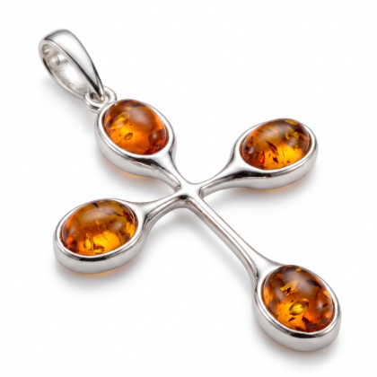 Baltic Amber Cross Pendant in Sterling Silver featuring genuine Baltic amber set in a cross-shaped polished 925 sterling silver design, isolated on a white background.