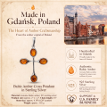 Baltic Amber Cross Pendant in Sterling Silver infographic highlighting authentic Baltic amber, 925 sterling silver, handcrafted craftsmanship, pendant dimensions, and Made in Gdańsk, Poland heritage.