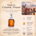 Lottie Baltic Honey Amber Pendant Necklace in Sterling Silver infographic highlighting authentic honey Baltic amber, 925 sterling silver, handcrafted craftsmanship, pendant dimensions, and Made in Gdańsk, Poland heritage.