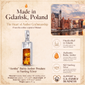 Aretha Baltic Amber Pendant in Sterling Silver infographic highlighting authentic Baltic amber, 925 sterling silver, handcrafted craftsmanship, pendant dimensions, and Made in Gdańsk, Poland heritage.
