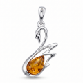 Swan Baltic Amber Pendant in Sterling Silver featuring genuine Baltic amber set in a swan-inspired polished 925 sterling silver design, isolated on a white background.