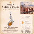 Swan Baltic Amber Pendant in Sterling Silver infographic highlighting authentic Baltic amber, 925 sterling silver, handcrafted craftsmanship, pendant dimensions, and Made in Gdańsk, Poland heritage.