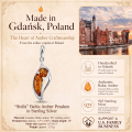 Stella Baltic Amber Pendant in Sterling Silver infographic highlighting authentic Baltic amber, 925 sterling silver, handcrafted craftsmanship, pendant dimensions, and Made in Gdańsk, Poland heritage.