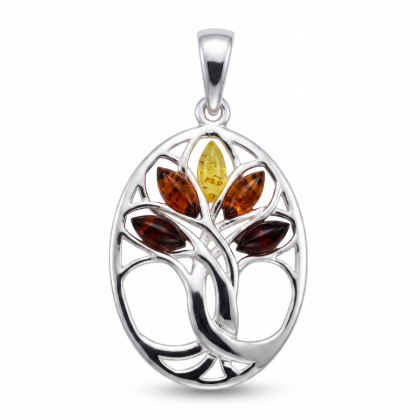 Tree of Life Multicolor Baltic Amber Pendant in Sterling Silver featuring genuine multicolor Baltic amber gemstones in a Tree of Life design, set in polished 925 sterling silver, isolated on a white background.