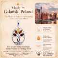 Tree of Life Multicolor Baltic Amber Pendant in Sterling Silver infographic highlighting authentic multicolor Baltic amber, 925 sterling silver, handcrafted craftsmanship, pendant dimensions, and Made in Gdańsk, Poland heritage.