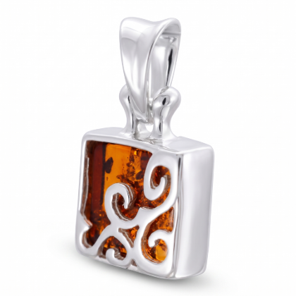 Florence Baltic Honey Amber Pendant in Sterling Silver featuring genuine honey Baltic amber set in polished 925 sterling silver, isolated on a white background.