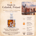 Florence Baltic Honey Amber Pendant in Sterling Silver infographic highlighting authentic honey Baltic amber, 925 sterling silver, handcrafted craftsmanship, pendant dimensions, and Made in Gdańsk, Poland heritage.