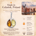 Baltic Honey Amber Pendant in Sterling Silver infographic highlighting authentic honey Baltic amber, 925 sterling silver, handcrafted craftsmanship, pendant dimensions, and Made in Gdańsk, Poland heritage.