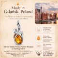 Berry Baltic Honey Amber Pendant in Sterling Silver infographic highlighting authentic honey Baltic amber, 925 sterling silver, handcrafted craftsmanship, pendant dimensions, and Made in Gdańsk, Poland heritage.