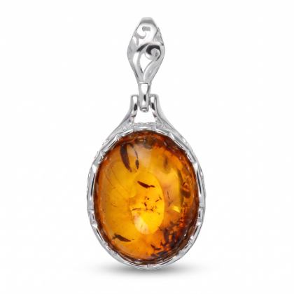 Pendant with 18 Baltic Honey Amber Pendant Necklace in Sterling Silver featuring 18 genuine honey Baltic amber gemstones set in polished 925 sterling silver, isolated on a white background.