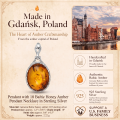 Pendant with 18 Baltic Honey Amber Pendant Necklace in Sterling Silver infographic highlighting 18 authentic honey Baltic amber gemstones, 925 sterling silver, handcrafted craftsmanship, pendant dimensions, and Made in Gdańsk, Poland heritage.