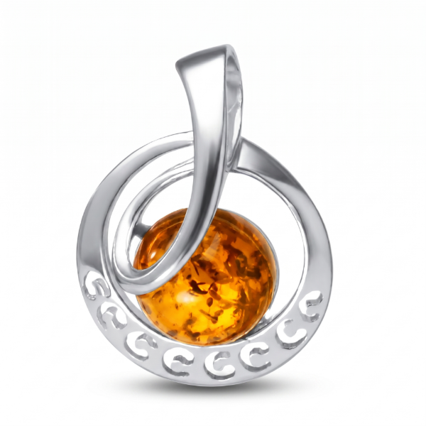 Galaxy Baltic Honey Amber Pendant in Sterling Silver featuring genuine honey Baltic amber set in polished 925 sterling silver, isolated on a white background.