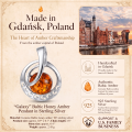 Galaxy Baltic Honey Amber Pendant in Sterling Silver infographic highlighting authentic honey Baltic amber, 925 sterling silver, handcrafted craftsmanship, pendant dimensions, and Made in Gdańsk, Poland heritage.