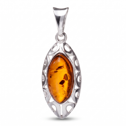 Petal Baltic Honey Amber Pendant in Sterling Silver featuring genuine honey Baltic amber set in polished 925 sterling silver, isolated on a white background.