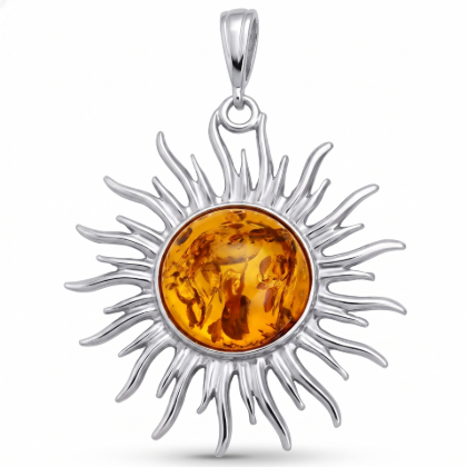 GIA Certified Baltic Amber Sun Pendant in Sterling Silver featuring genuine Baltic amber in a sun-inspired design, set in polished 925 sterling silver, isolated on a white background.