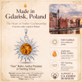 GIA Certified Baltic Amber Sun Pendant in Sterling Silver infographic highlighting authentic Baltic amber, GIA certification, 925 sterling silver, handcrafted craftsmanship, pendant dimensions, and Made in Gdańsk, Poland heritage.