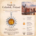 Baltic Amber Sun Pendant in Sterling Silver infographic highlighting authentic Baltic amber, 925 sterling silver, handcrafted craftsmanship, pendant dimensions, and Made in Gdańsk, Poland heritage.