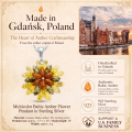 Multicolor Baltic Amber Flower Pendant in Sterling Silver infographic highlighting authentic multicolor Baltic amber, 925 sterling silver, handcrafted craftsmanship, pendant dimensions, and Made in Gdańsk, Poland heritage.